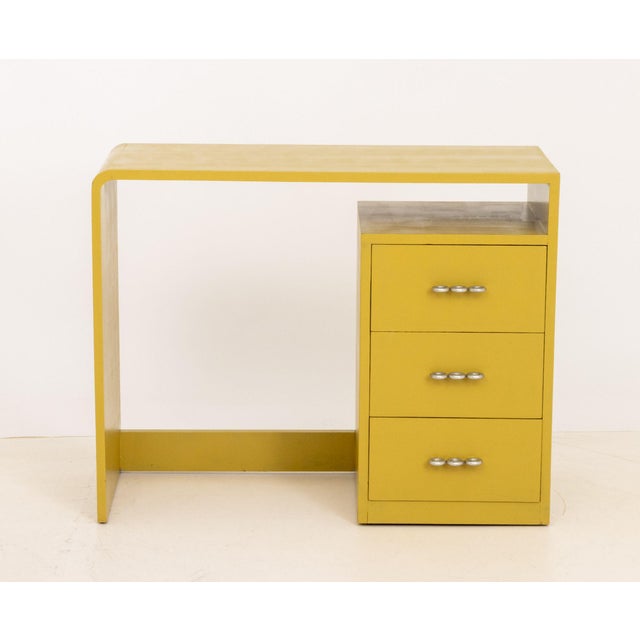 Martin Feinman for Winchendon Multiplex Modern Mustard Yellow Painted Wood Desk, the waterfall design with three drawers...