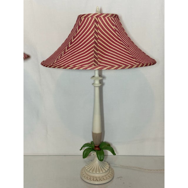 Late 20th Century Vintage Palm Beach Regency Palm Tree Table Lamps - Striped Empire Shade – Charming Coastal Decor – A Pair For Sale - Image 5 of 12