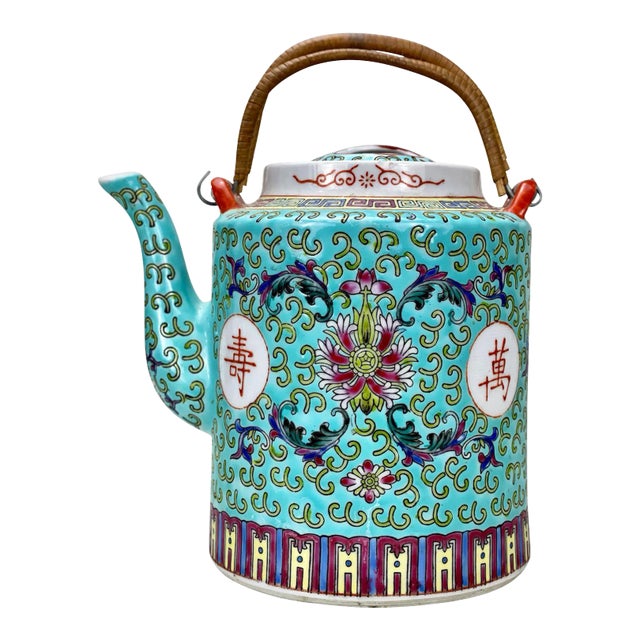 Vintage Chinese Porcelain Famille Verde Enamel Floral Motif Teapot For Sale