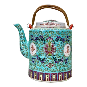 Vintage Chinese Porcelain Famille Verde Enamel Floral Motif Teapot
