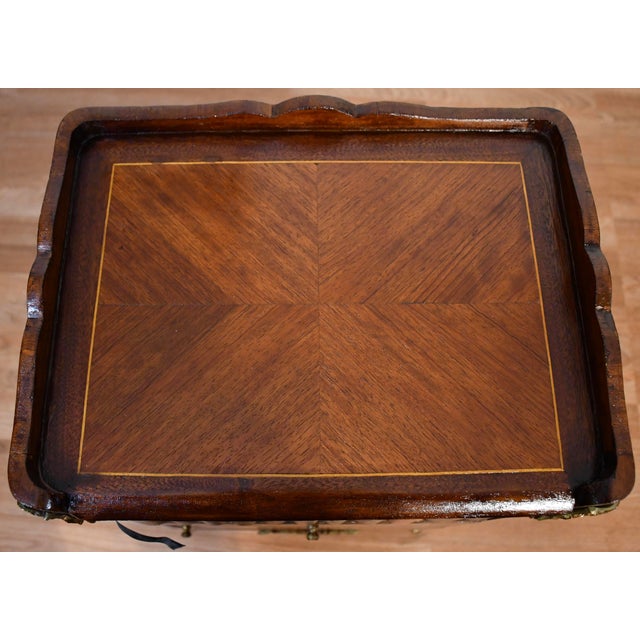 Antique French Louis XV Style Mahogany Inlay Nightstand With Faux Book Front Gallery Top Bronze Mounts For Sale - Image 15 of 15