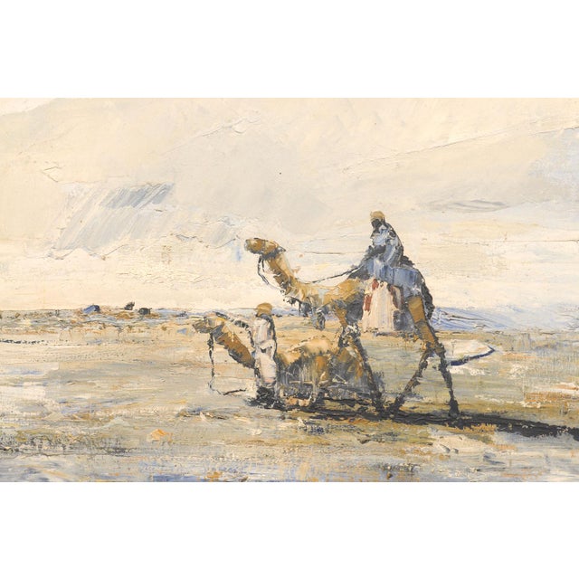 A vintage Middle Eastern oil on canvas desert caravan scene. This heavily textured painting, depicts a desert scene with a...