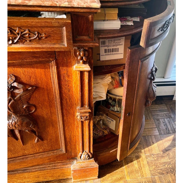 Early 20th Century Victorian Carved Oak Sideboard Buffet Cabinet With Marble Top For Sale - Image 9 of 10