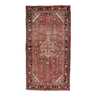 Semi Antique Persian Distressed Hamadan Gallery Rug With Medallion Design For Sale