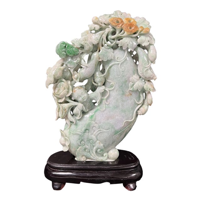 2000s Chinese Art Carved Jadeite Fruits, Children, Flowers, Trees, With Wooden Base For Sale
