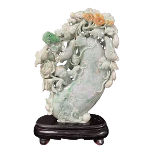 2000s Chinese Art Carved Jadeite Fruits, Children, Flowers, Trees, With Wooden Base