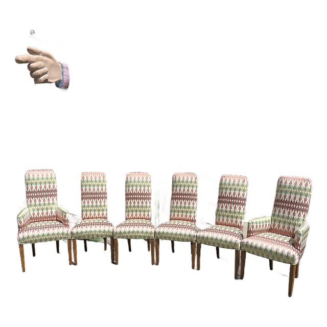 1970s Collection of Colorful Patterned Dining Chairs- Set of 6 With 2 Captains Chairs For Sale