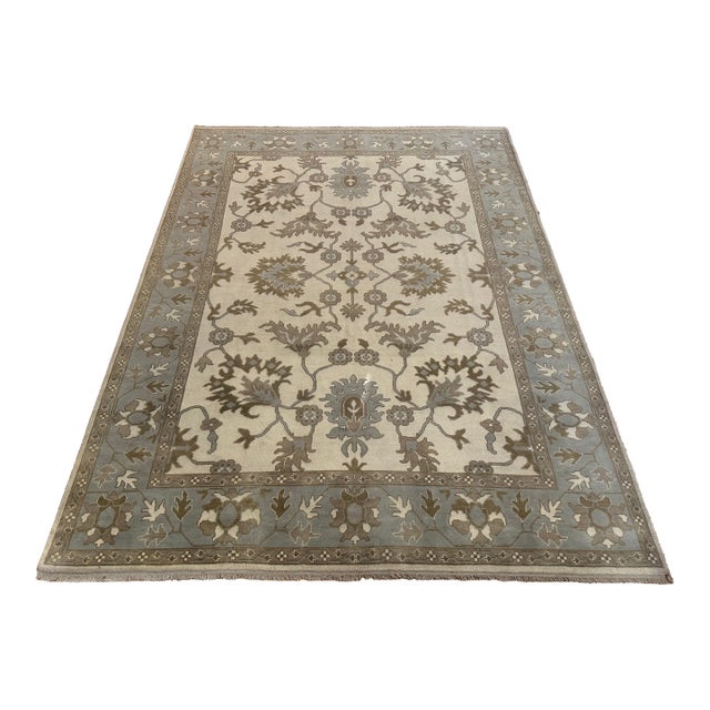 Serapi Handmade Wool Rug 9'1 X 11'11 - Soft Blue Beige Oushak Look For Sale