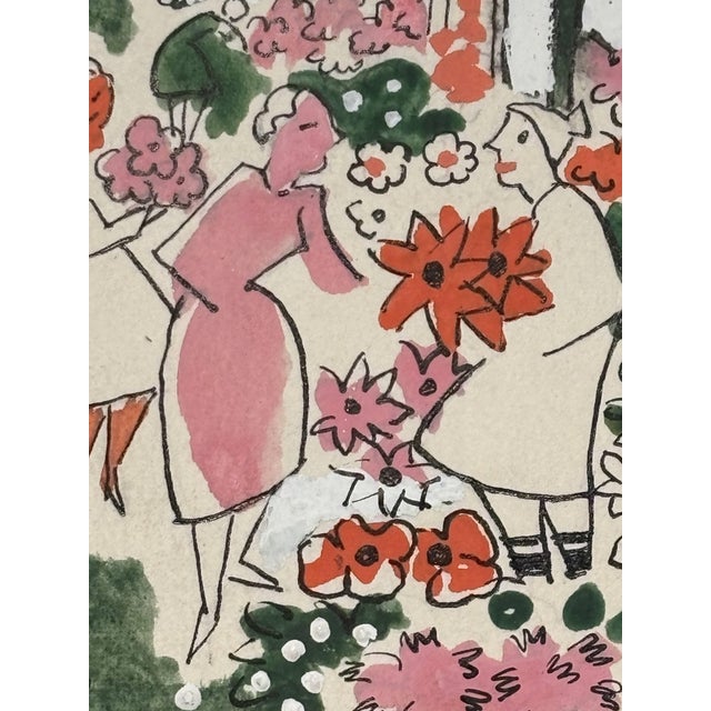 A sparkling and luminous watercolor enhanced with ink and touches of gouache, titled the flower market, by the artist...