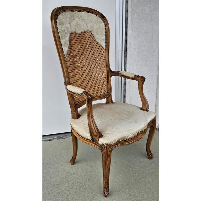Wood Late 20th Century Louis XV Style Brass Nail Studded, Caned and Partial Upholstered Fauteuil For Sale - Image 7 of 11