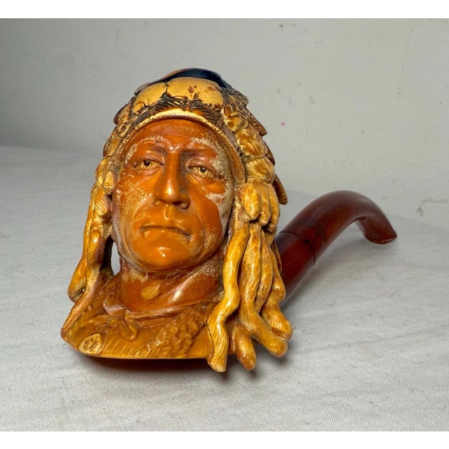 Antique 19th Century Hand Carved Meerschaum Indian Chief Smoking Pipe W/ Case For Sale - Image 4 of 14