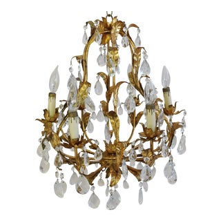 1950s Italian Gilt Tole & Crystal Prism Chandelier with 6-Arms For Sale