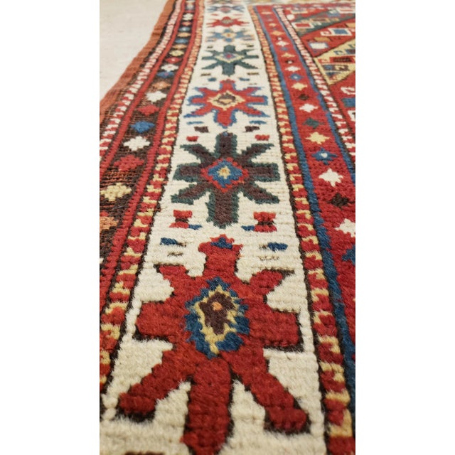 Late 19th Century Antique Kazak Runner, Handmade Oriental Rug, Red, Blue, Yellow, Off-White, Green For Sale - Image 5 of 11