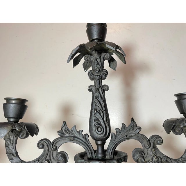 Bronze Pair of Antique 1800's Solid Patinated Bronze Candelabra Candle Holders Heavy For Sale - Image 8 of 10