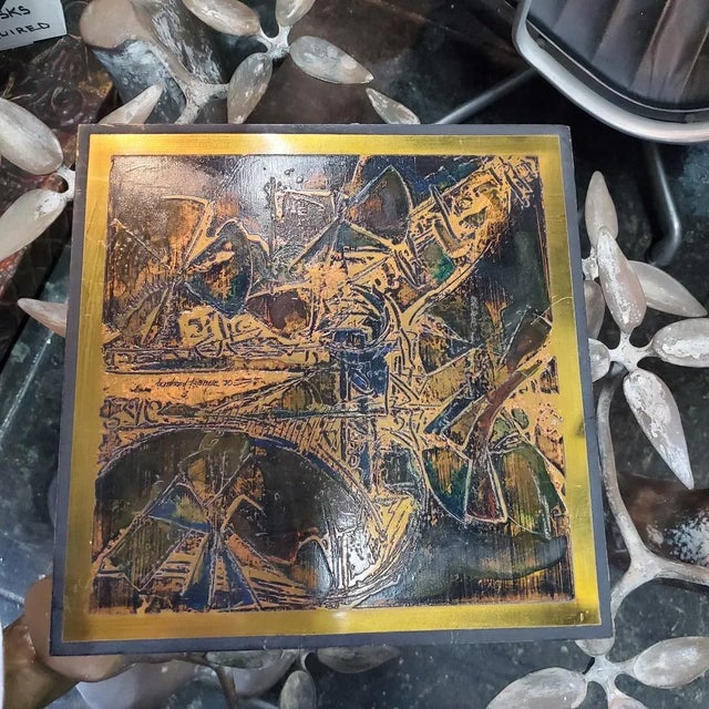 Metal 1970s Original Bernhard Rohne Acid Etched Brass Abstract Geometric Plaque Metallic Design Studio Signed and Dated For Sale - Image 7 of 13