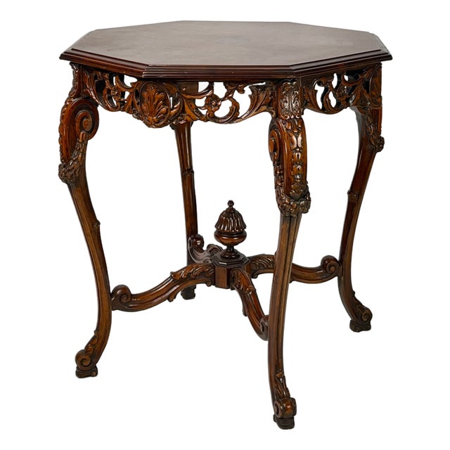 Rococo Revival Carved Walnut & Burl Octagonal Accent Table For Sale