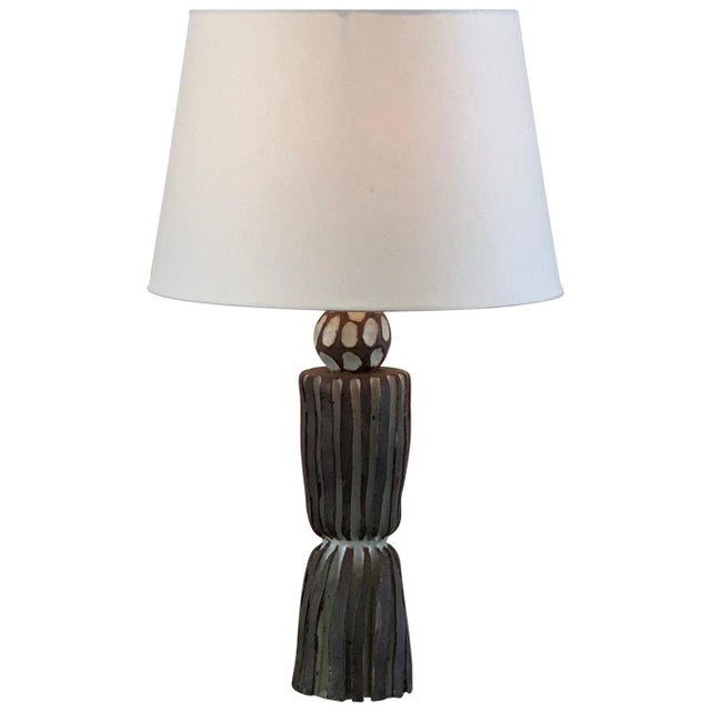Ceramic Grooved 'Sillons' Pottery Lamp with Parchment Shade by Design Frères For Sale - Image 7 of 7