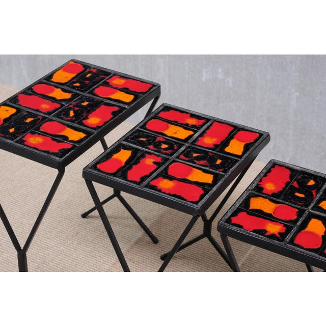 French Modern Nesting Tables with Red and Orange Ceramic Tile Tops, 1950s, Set of 3 For Sale - Image 6 of 15