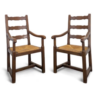 Rustic Oak Armchairs with Straw Seats, Set of 2 For Sale