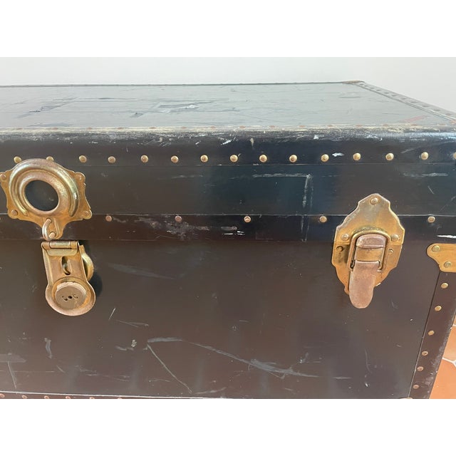 Antique Black Cabin-Size Steamer Trunk With Brass Hardware For Sale In San Francisco - Image 6 of 8