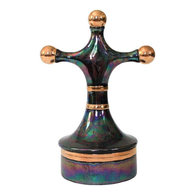 Vintage Oil Slick Glazed Ceramic Cross Trinket Box For Sale