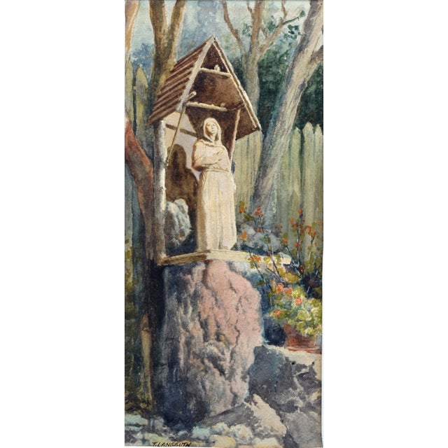 A vintage watercolor capturing a statue of an ascetic in a garden by Theodore Ernest Langguth (German-American,...