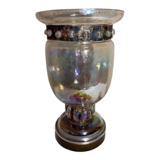 Mid 20th Century Brutalist Derflingher Style Blackened Copper Iridescent Caged Glass Hurricane Lamp For Sale