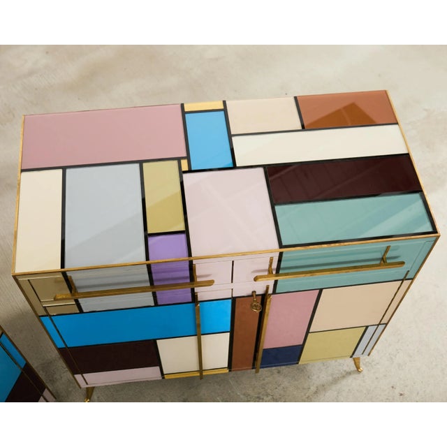 Pair Italian Midcentury Mondrian Style Glass Brass Cabinets For Sale - Image 11 of 18