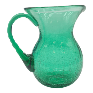 Hand Blown Deep Green Crackle Glass Pitcher – Rainbow #922 Sculptural Vintage Vessel