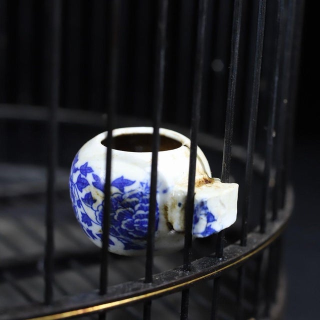 Late 19th Century Dark Wood Birdcage With Mother-of-Pearl Inlay and Porcelain Cups For Sale - Image 9 of 10