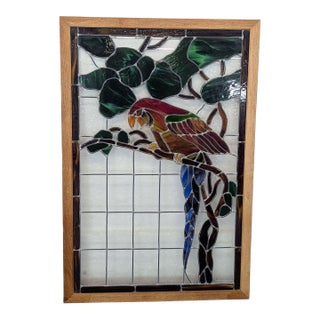 Stained-Glass Parrot in Wood Frame For Sale