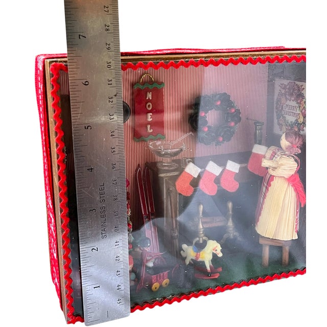 Vintage Handmade Christmas Diorama Shadow Box With Miniature Holiday Stocking by the Fire Scene. For Sale - Image 10 of 13