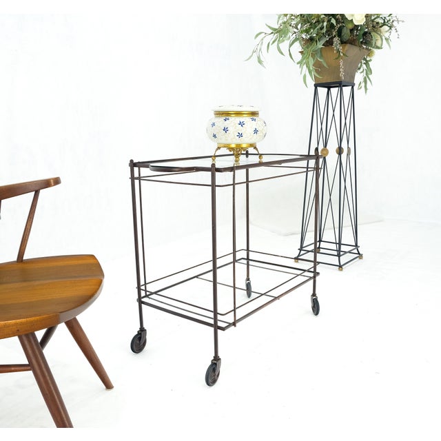 Mid Century Modern c1950s Rolling Brass Two Tier Rectangle Serving Cart Wheels For Sale - Image 10 of 12