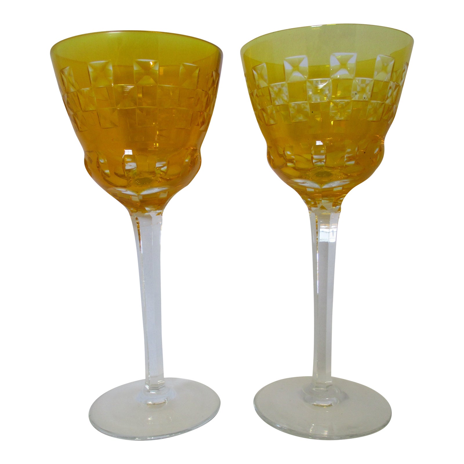 Bohemian Canary Yellow Cased Cut to Clear Vintage Wine Glasses a Pair