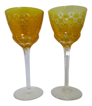 Bohemian Canary Yellow Cased Cut to Clear Vintage Wine Glasses - a Pair