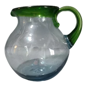 Vintage Colorful Mexican Hand-Blown Art Glass Attached Handle Pitcher Festive Green Rim