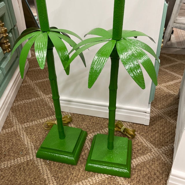 Coastal Pair of 1980s Green Metal Palm Lamps For Sale - Image 3 of 10