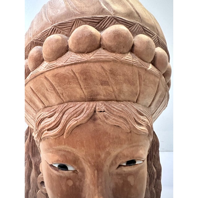 Asian Antique Carved Wood Figural Head With Headdress on Stand For Sale - Image 3 of 10
