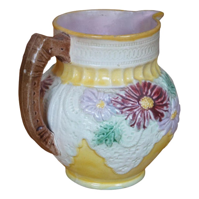 Antique Majolica Daisy Flowers & Lace Water Pitcher Jug Carafe For Sale
