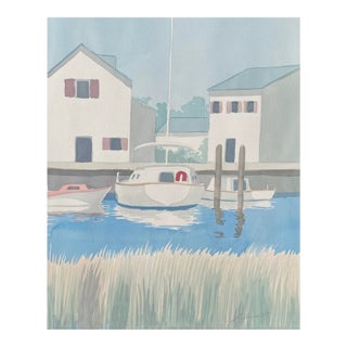 1990s Coastal Dock Scene Watercolor For Sale