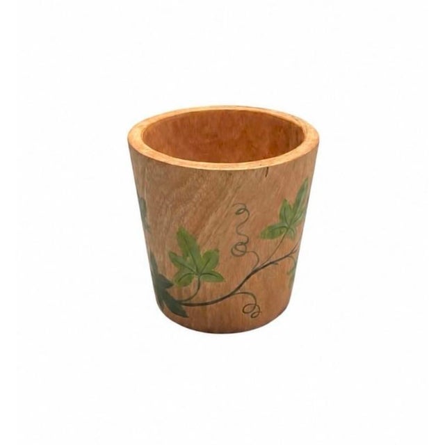 Contemporary Vintage Hand-Painted Teak Wood Botanical Cachepot For Sale - Image 3 of 12