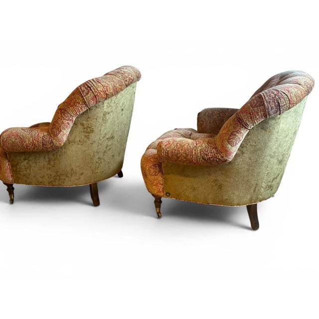Wood Pair of George Smith Style Tufted Club Chairs For Sale - Image 7 of 8
