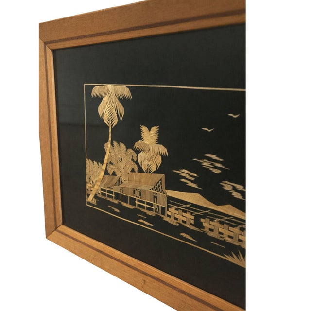 Made from straw in Malaya, this intricate straw marquetry scene is set against a black ground. The composition depicts a...
