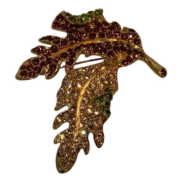 1980s Kenneth Jay Lane Amber / Yellow Crystal / Peridot Green Two Leaf Vintage Brooch For Sale