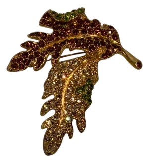 1980s Kenneth Jay Lane Amber / Yellow Crystal / Peridot Green Two Leaf Vintage Brooch