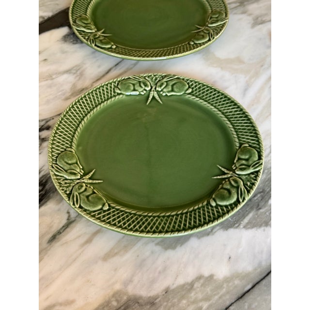 Late 20th Century Vintage Bordallo Pinheiro Bunny Rabbit Green Dinner Plates - Set of 2 For Sale - Image 5 of 13