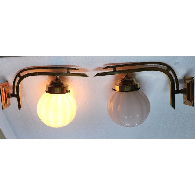 Pair Vintage Art deco light Old Lamp Wall Sconces Fixture Brass & Ribbed Milk Glass Shade Ship Light Excellent Working...