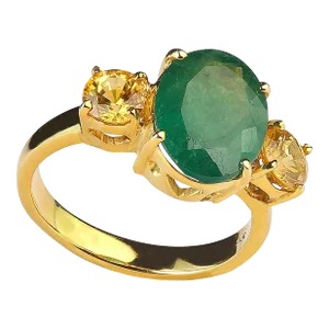 Green Emerald With Sparkling Golden Citrine Accent & Gold Rhoduim/Sterling Ring Size 7