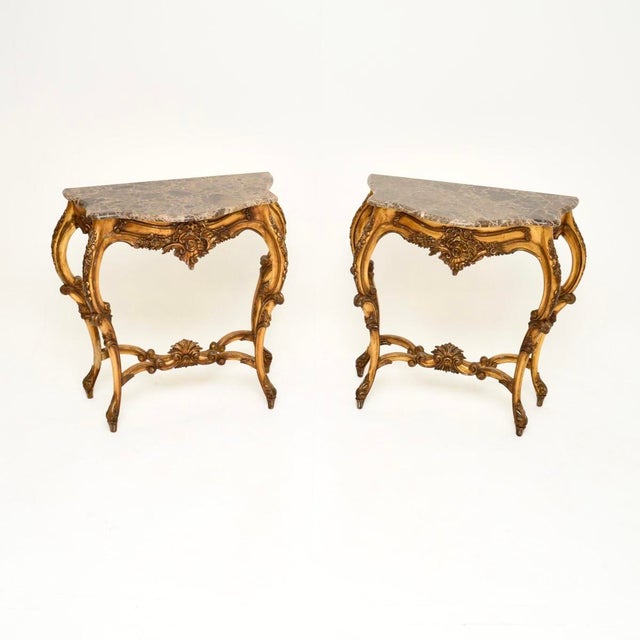 Vintage French Console Tables in Gilt Wood with Marble Tops, 1950, Set of 2 For Sale - Image 13 of 13