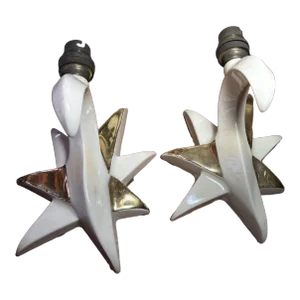 1950's French Mid Century Modern Gilt/ White Enamel Ceramic Star Form Wall Sconces a - Pair